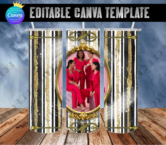 Black and Glitter Gold Lines With Photo Frame Tumbler Design - CANVA TEMPLATE