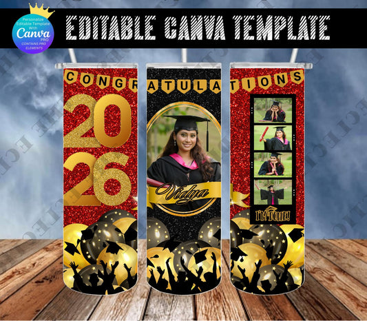 Red and Black Glitter Grad with Photo Tumbler Design - CANVA TEMPLATE