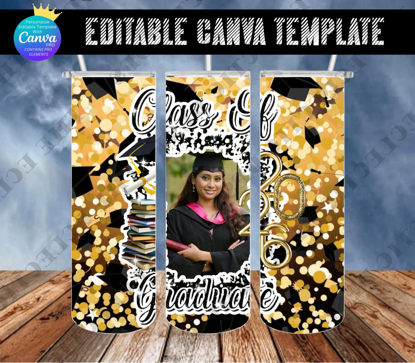 Gold Glitter with Grad Caps and Photo Frame Tumbler Design - CANVA TEMPLATE