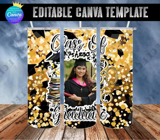 Gold Glitter with Grad Caps and Photo Frame Tumbler Design - CANVA TEMPLATE